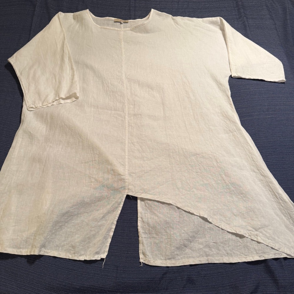 Lin Nature White 100% Linen Asymmetrical Split Hem Tunic Top Made‎ in Italy 46